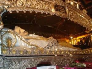 Closeup of the skeleton of St. Vincent de Paul covered with wax likeness
