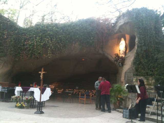 Setting up for Mass at the Lourdes Grotto (Oblate Grotto) in San Antonio, Texas