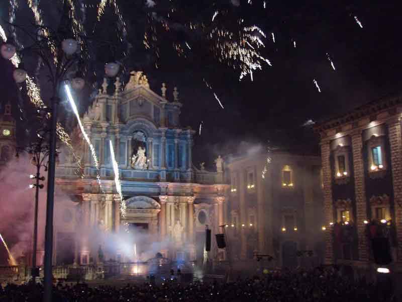 Fireworks cap off the celebration of the Feast of Saint Agatha in Catania in the evening