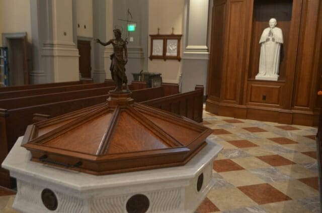 Baptismal font in Sacred Heart Cathedral in Knoxville, Tennessee