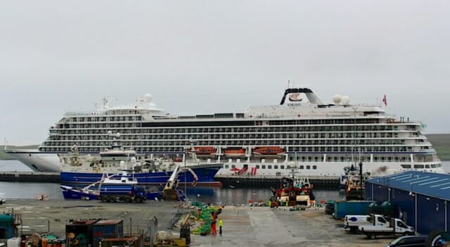 Large cruise ships dock at Lerwick...more than doubling the town's population