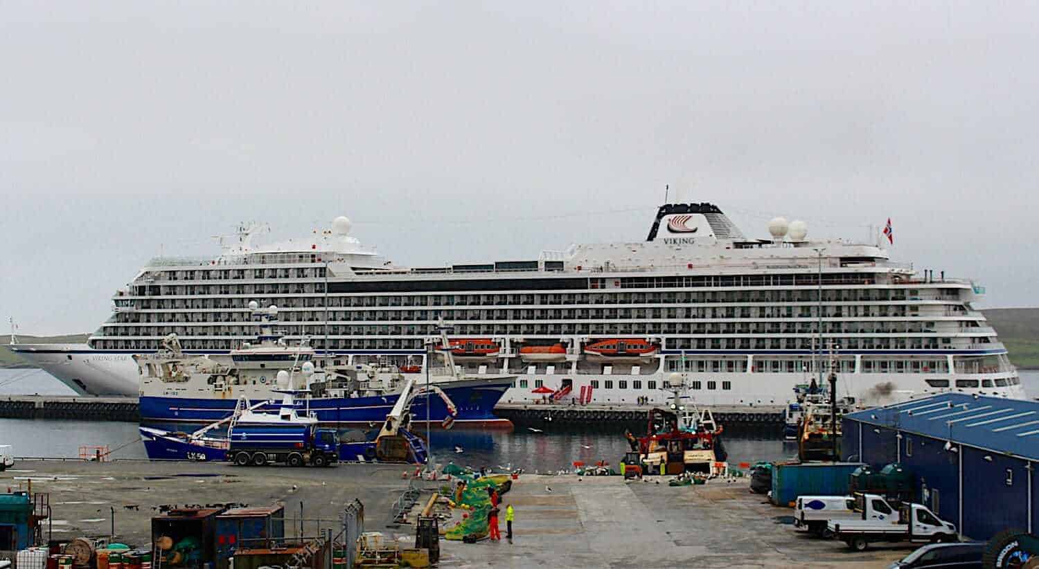 Large cruise ships dock at Lerwick...more than doubling the town's population