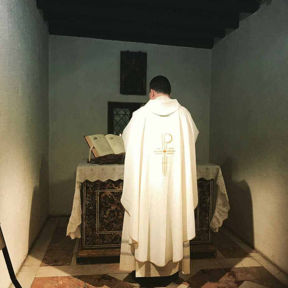Fr. Thomas Petri, O.P. celebrating Mass in the cell where St. Dominic lived (photo courtesy Fr. Thomas Petri, O.P.
