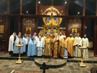 Father Joseph's 50th Anniversary to the Priesthood celebration in the Cathedra of the Holy Transfiguration at Duchovny Dom.  The ladies and gentlemen robed in their cloaks are the Knights and Ladies of the Patriarchal Order of the Holy Cross of Jerusalem. The picture is taken in the Cathedra of the Holy Transfiguration located right next to the Duchovny Dom Monastery.
