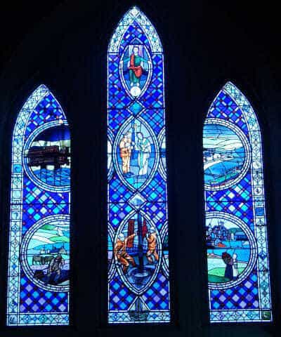 Stained glass window in St Margaret's Shetland commemorating Shetland's ties with the oil industry