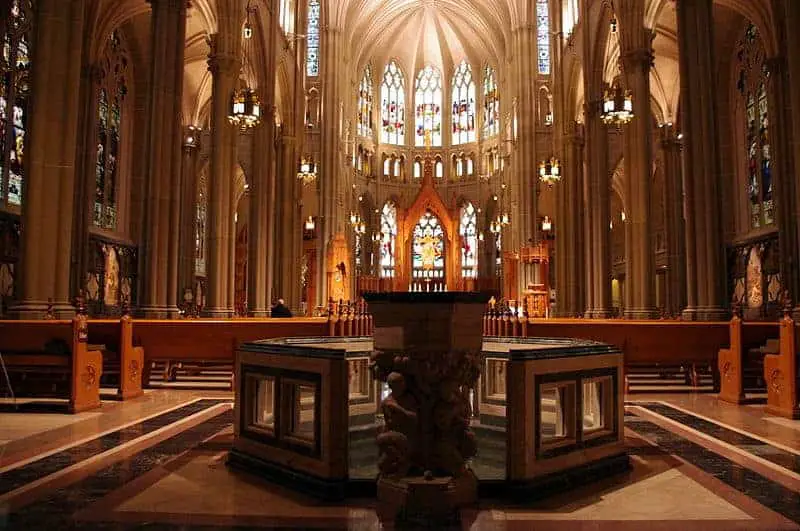 Interior nave and baptistery of Cathedral Basilica of the Assumption in Covington, Kentucky