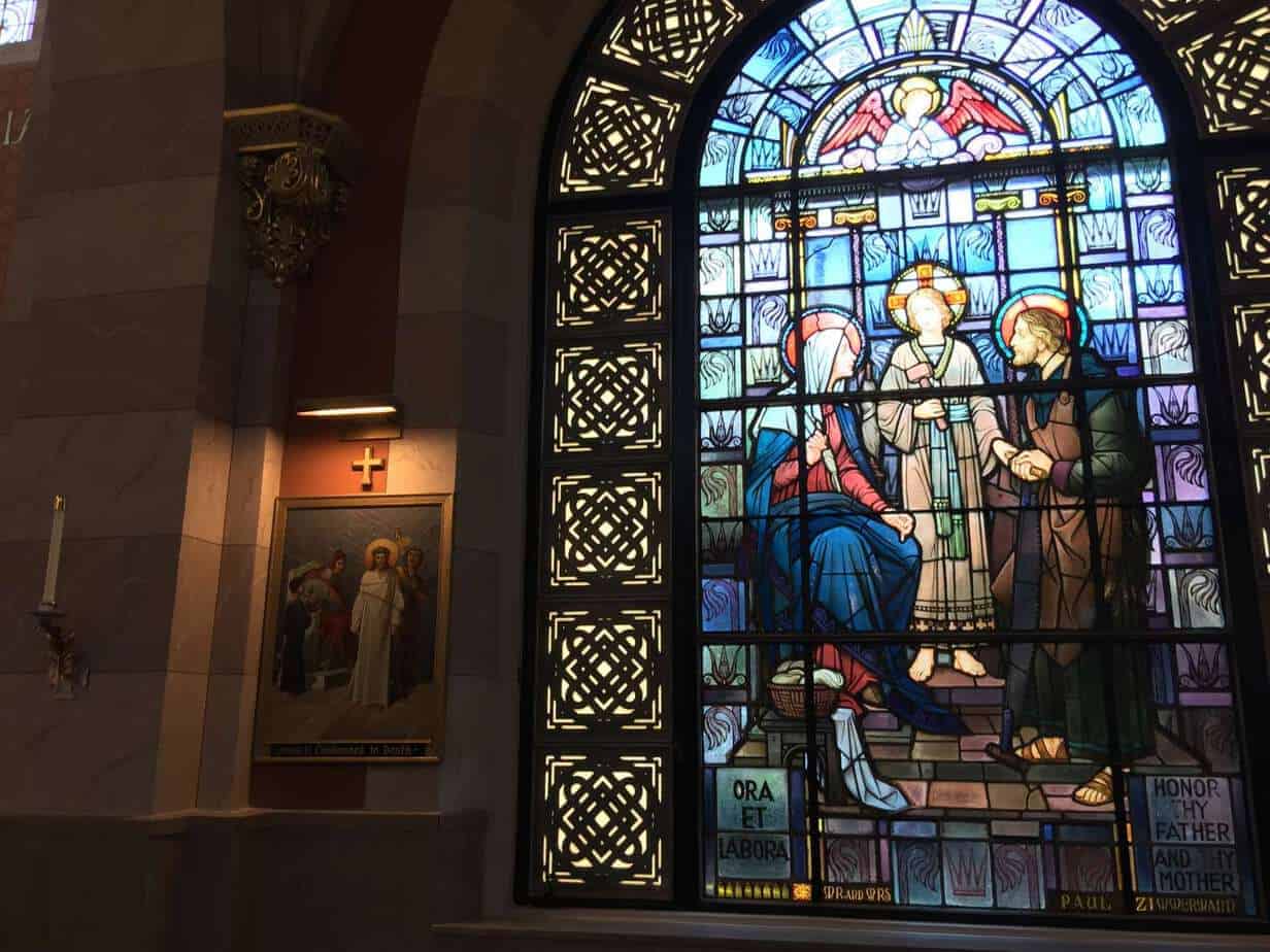 Holy Family stained glass windows in the Cathedrla of the Immaculate Conception in Lake Charles, Louisiana
