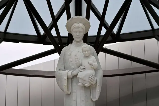 Closeup of the Statue of Our Lady of La Vang at the shrine in Garden Grove, California
