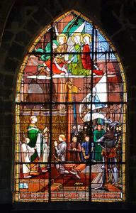 Window showing st joan of arc in prayer at Church of st Jacques in Compiegne