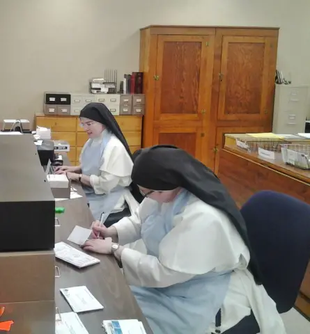 Addressin envelopes in the office of the Monastery of the Child Jesus in Lufkin, Texas