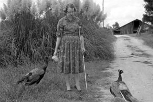 Flannery O'Connor with peacocks
