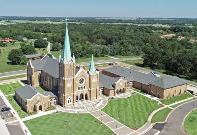 Aerial view of St Francis Xavier Catholic Church in Stillwater, Oklahoma