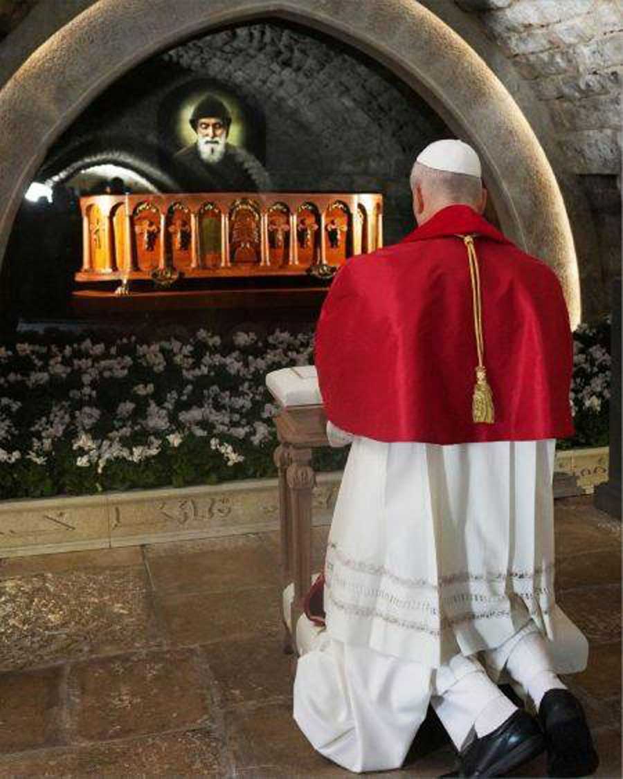 Pope Leo prays at the Shrine of Saint Sharbel in Lebanon